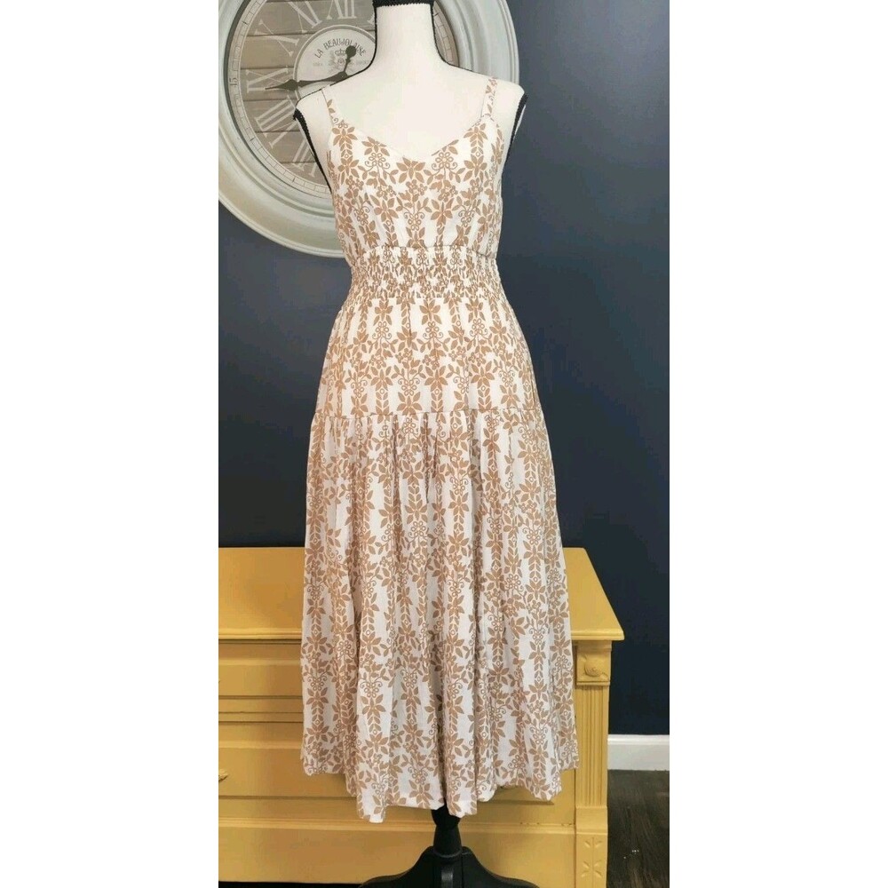 Skies Are Blue Maxi Dress Women’s XS Brown Cream Floral Sleeveless Smocked Waist